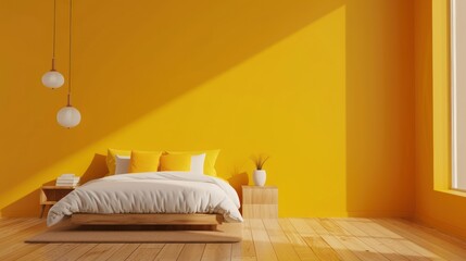 Luxury bedroom in contemporary style with parquet floor and yellow wall background. AI generated
