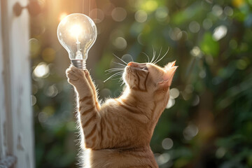 The cat  stands on its hind legs and touches the light bulb.