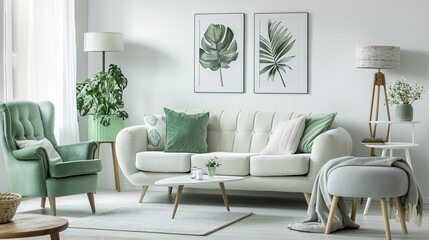 Living room featuring a white and green color scheme with a sofa, armchair, lamp, and posters.