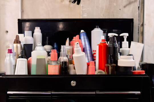Variety of hairstyling products in a professional salon