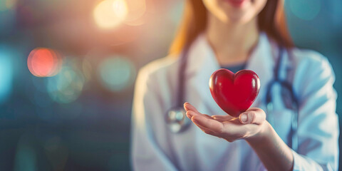 Doctor's hand holding a red heart shape in a hospital. love, donor, world heart day, health,insurance concept.