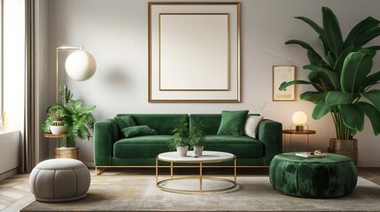Luxurious living room in a modern house with a green velvet sofa, coffee table, pouf, gold decor, plants, lamp, carpet, mock-up poster frame, and elegant accessories.