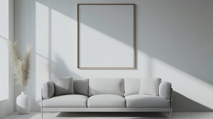 Minimalist elegance defines the scene as a grey sofa rests beneath an empty hanging poster mockup, inviting artistic interpretation. - obrazy, fototapety, plakaty
