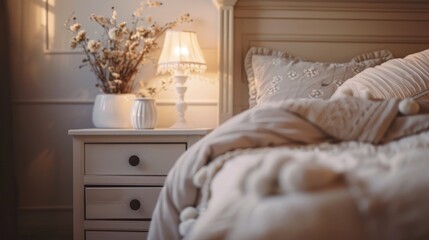 French country interior design of bedside cabinet near bed with beige bedding. AI generated image