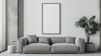 Modern sophistication emanates from a grey sofa, complemented by an empty hanging poster mockup, awaiting the stroke of artistic inspiration.