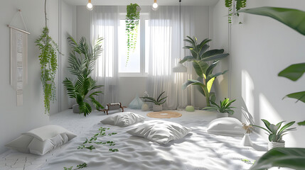 A contemporary bedroom retreat with stunning tropical plants creating a natural oasis
