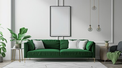 Refreshing green and white palette in a living space, with a chic sofa and a captivating hanging poster mockup.