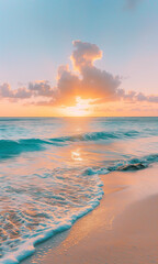 Beautiful beach, sand and turquoise water, soft pastel colors, golden hour, sunset