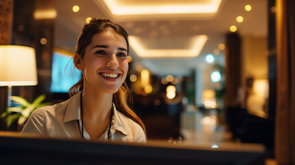 A cheerful female receptionist wearing a white blouse welcomes guests at a luxurious hotel lobby in the evening