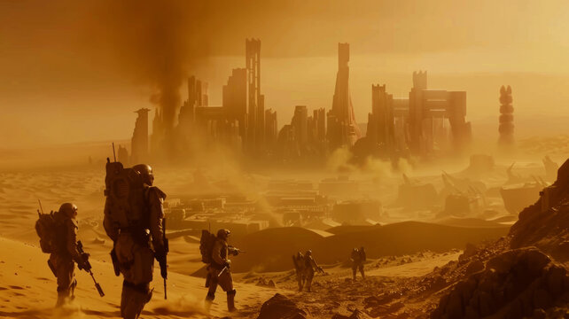 Desert troops on a surreal journey pass an ominous city engulfed in a sandstorm at sunset.