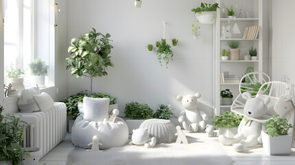 A tranquil corner in a room with an array of potted plants, a comfortable armchair, and a cuddly teddy bear