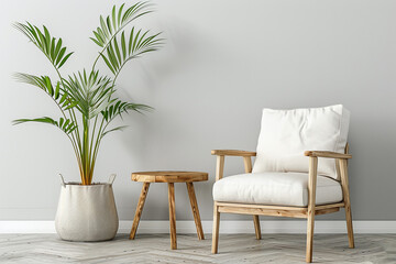 Modern interior, armchair and wooden table with green plant on light gray wall background