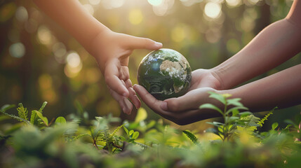 Close up of senior hands giving small planet earth to a child over defocused green background with copy space
