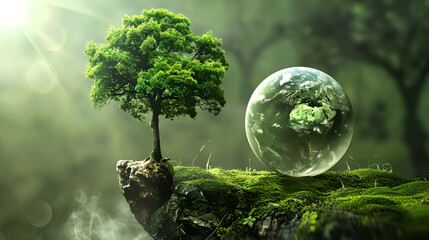 First, human hands holding medium tree. Second, human hands holding planet barren over blurred beautiful nature background - obrazy, fototapety, plakaty
