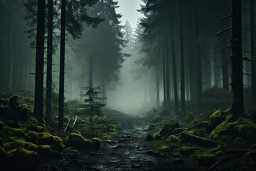 A path cuts through a spooky forest with fog and towering trees