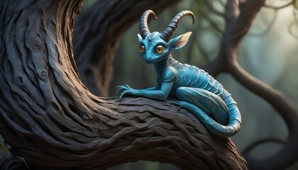A tiny, horned creature with opalescent scales and luminous eyes, its serpentine tail coiled around a gnarled tree branch as it surveys its domain with an air of ancient wisdom. - obrazy, fototapety, plakaty