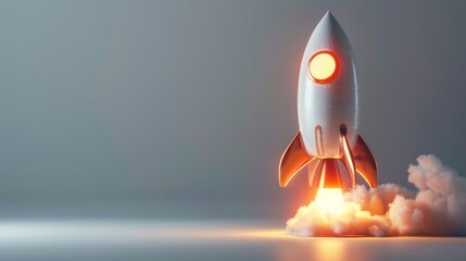 A Start up rocket take off launch from earth isolated on gray background. AI generated image
