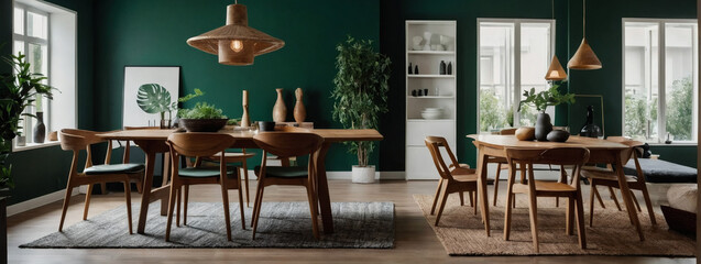 Scandinavian and mid-century home interior design come together in a wooden dining table and chairs arrangement against a green wall, presenting a chic and minimalist dining room. - obrazy, fototapety, plakaty
