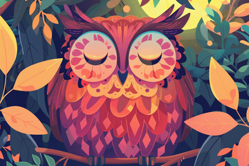 Naklejka premium Illustration of an owl sleeping on a tree branch. Vibrant color image with cheerful mood.