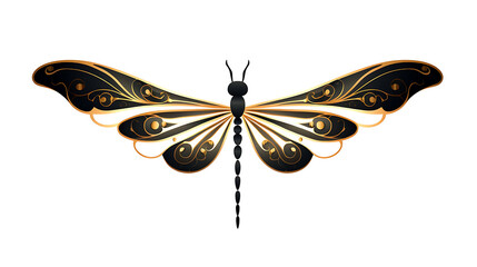 Elegant Art Deco Dragonfly - gold and black with detailed patterns on its wings