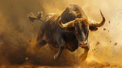 Rolgordijnen Bull running in the dust. Bull with big horns in bullfight © Олег Фадеев