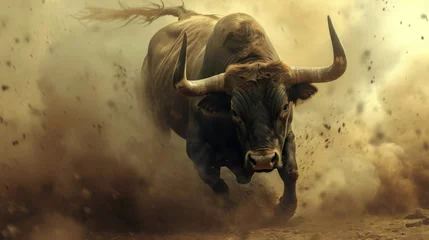 Fotobehang Bull running through the dust in a bullfight © Олег Фадеев