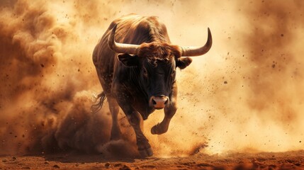 Bull with big horns running in the arena. Bullfight concept - obrazy, fototapety, plakaty
