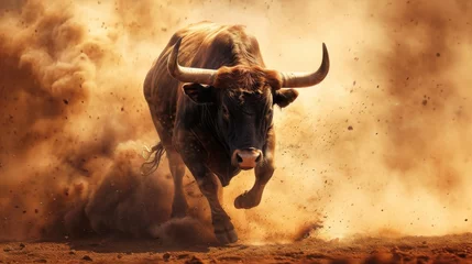 Schilderijen op glas Bull with big horns running in the arena. Bullfight concept © Олег Фадеев