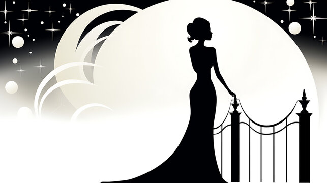  art deco image captures the elegant silhouette of a woman, adorned in a flowing gown, standing gracefully against a luminous moon and starlit sky