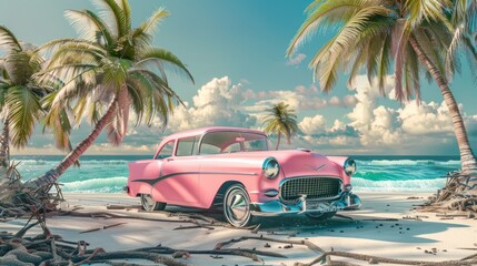 3D Illustration pink car on tropical beach at summer background. AI generated image