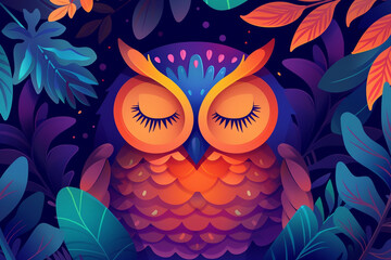Obraz na płótnie Canvas Illustration of an owl sleeping on a tree branch. Vibrant color image with cheerful mood.