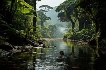 A river flowing through a dense green forest, showcasing natural beauty