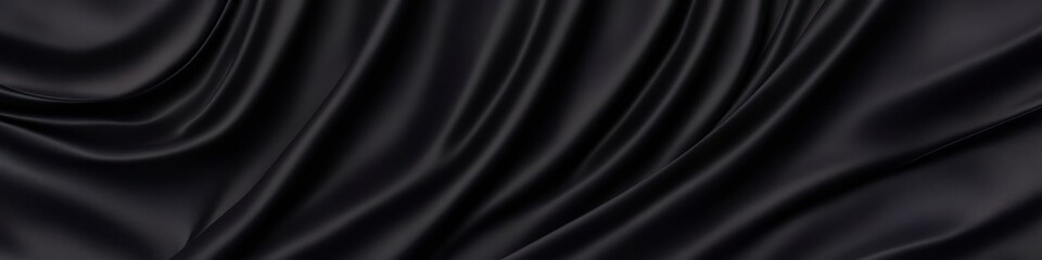 Obraz premium Black panoramic silk background with blurred satin wavy texture. 