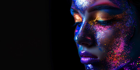 Fashion model woman in neon light, portrait of beautiful model girl with fluorescent makeup, Body art design in UV, painted face, colorful make up, over black background 