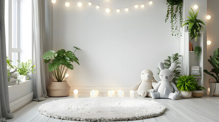 A minimalistic nursery featuring white walls and playful stuffed animals, a perfect kids' retreat