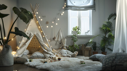 A child's room with a whimsical teepee, scattered toys, and decorative lights, creating a magical play space