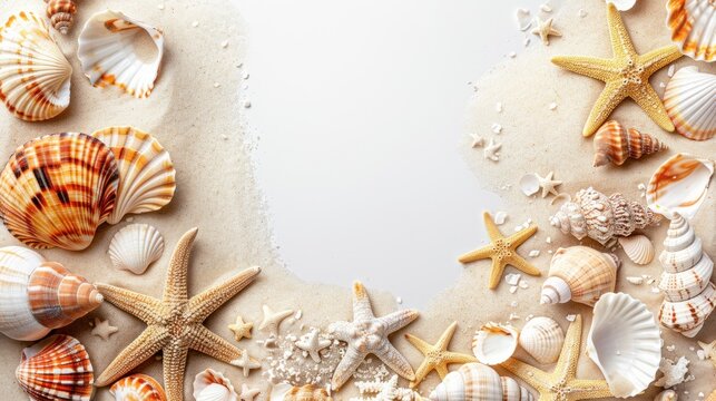 Top view sand and seashells tropical beach with copy space background. AI generated image