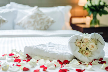 Fototapeta na wymiar Bouquet of roses on a heart-shaped towel next to rose petals at the foot of a white-sheeted hotel bed. Honeymoon and romantic getaway concept.