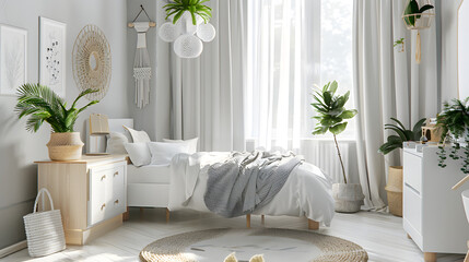 A modern bedroom showcasing nature-inspired decor, with lush plants and earthy tones that create a calming environment