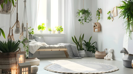 An airy and inviting room with plants, natural light, and cozy textiles emphasizes comfort and serenity amidst the hushed ambiance
