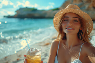 Young woman in a straw hat on the beach with a cool drink in her hand.