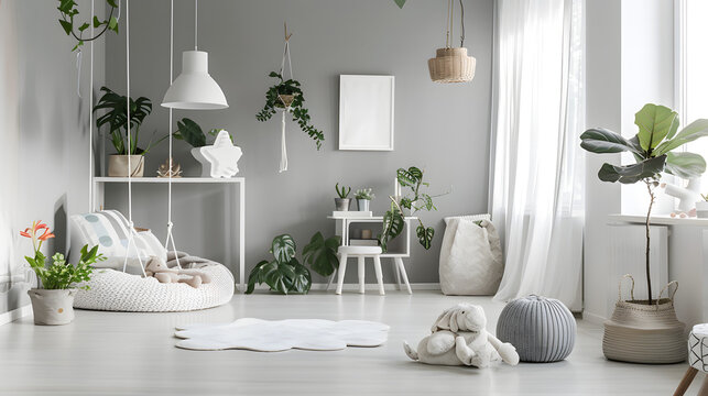 Cozy Scandinavian nursery room, with soft plush toys and greenery that balances playful charm with tranquil simplicity