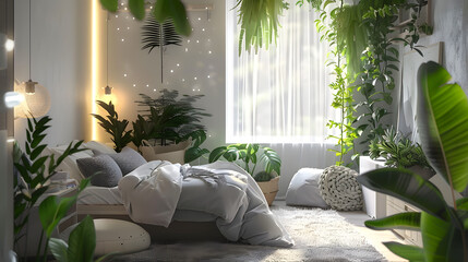 A bedroom exuding a calming ambiance with twinkling lights, ample greenery, and aesthetically pleasing decor