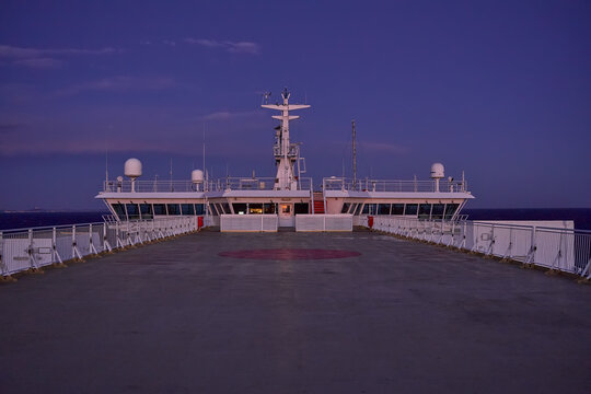 Twilight on the empty deck of a large ferry