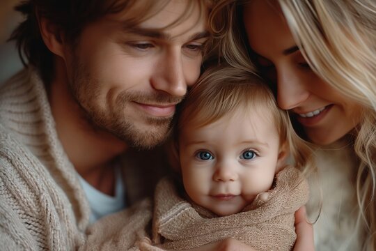 father and mother holding newborn baby,  cherish and joyful smile, happy moment family portrait, Generative Ai