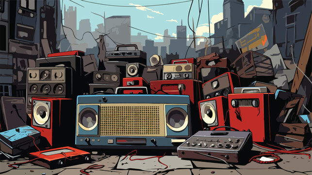 An illustration of radios in a junkyard flat vector