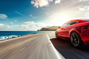 Red sports car speeds down a road that runs parallel to the ocean, with waves crashing against the...