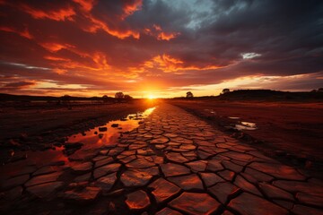 The sunset paints the sky over a cracked desert road - obrazy, fototapety, plakaty