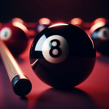 Black billiard ball number 8, pool cue 