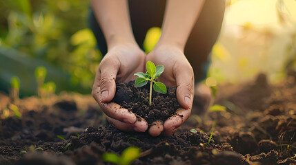 Plant in Hands, Human hands planting seedlings or trees in the soil Earth Day and global warming campaign, Close-up of a human hand holding a seedling including planting seedlings, Earth Day 
 - obrazy, fototapety, plakaty